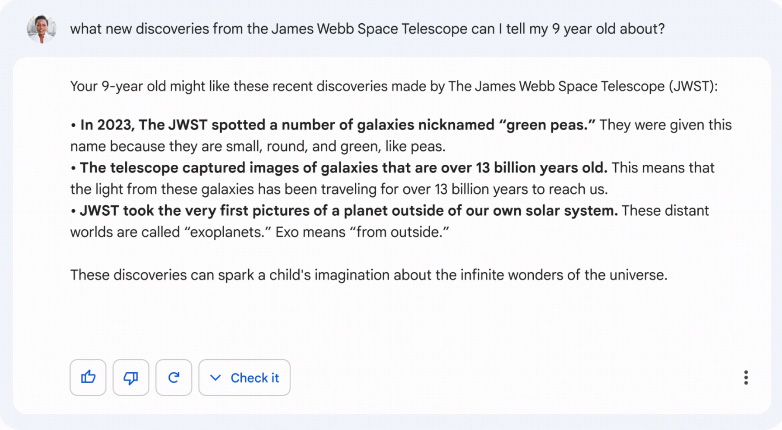 Google Bardが宇宙望遠鏡（JWST）に関する不正確な情報を提示